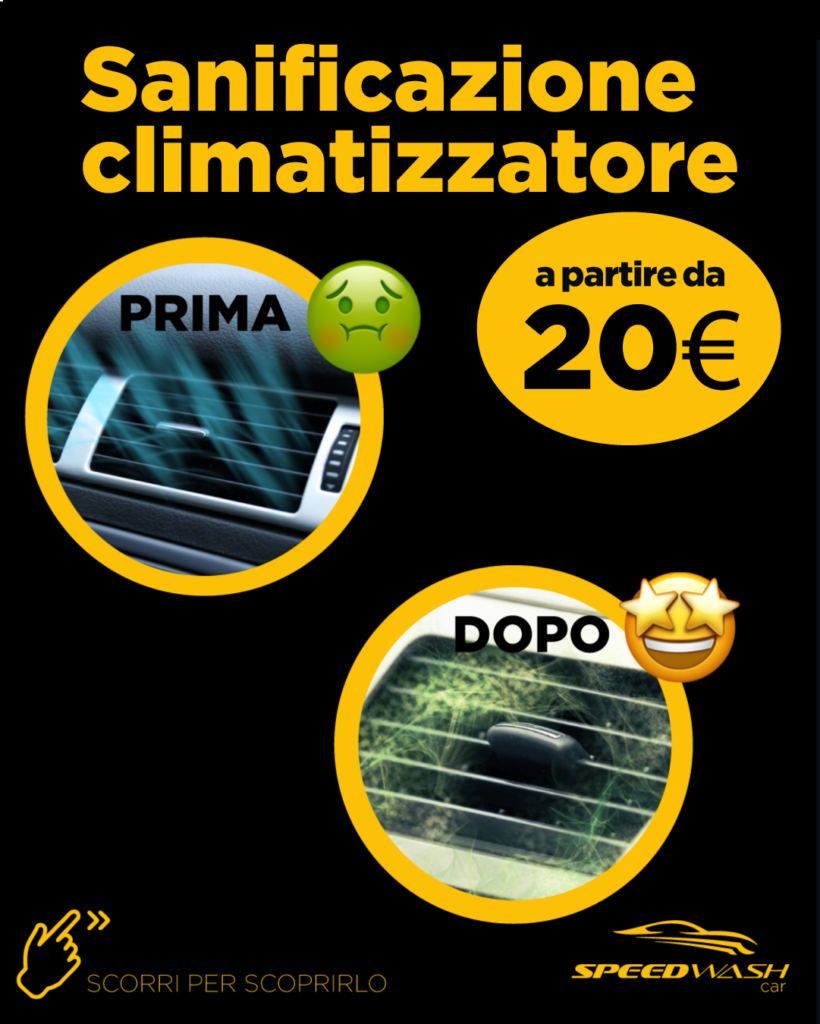 Immagine che mostra un confronto prima e dopo la sanificazione del climatizzatore di un'auto, evidenziando un miglioramento nella pulizia. Il lato sinistro mostra un clima sporco e poco igienico, mentre il lato destro presenta un clima pulito e fresco. Testo informativo include 'Sanificazione climatizzatore' e il prezzo a partire da 20€.