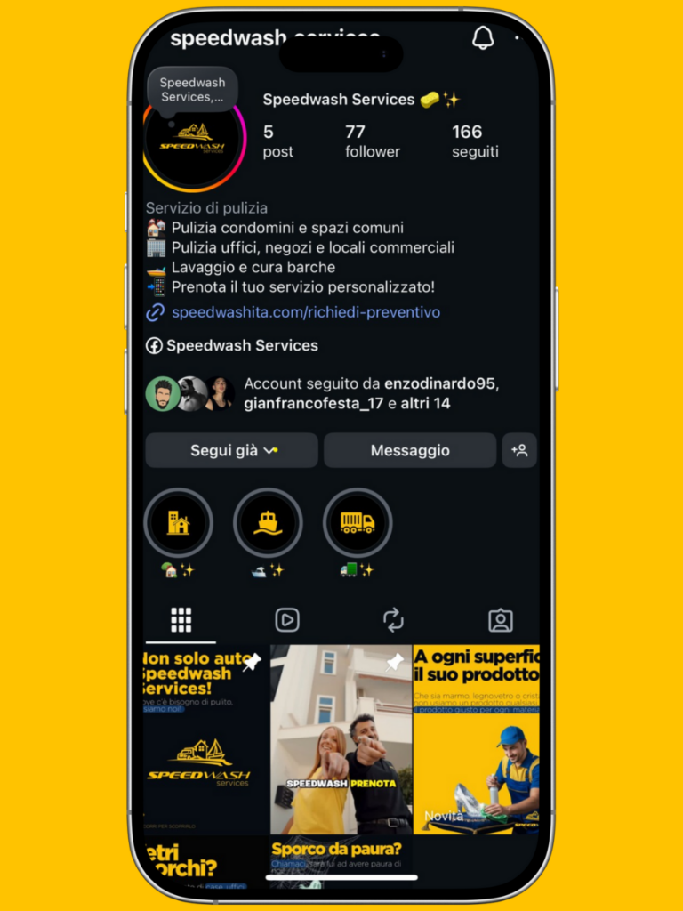 Schermata del profilo Instagram di Speedwash Services con informazioni sui servizi di pulizia offerti, inclusi quelli per condomini, uffici e imbarcazioni.